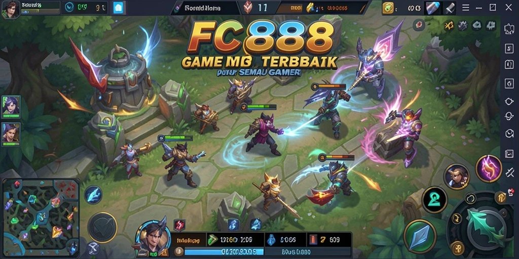 Tangkapan layar gameplay FC888 menampilkan pertarungan mendebarkan dalam arena MOBA.