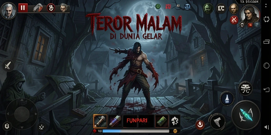 Tampilan gameplay menyeramkan di dunia <strong>FUNPARI</strong> yang gelap.