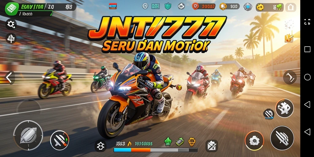 Screenshot gameplay JNT777 dengan aksi balapan motor yang mendebarkan.