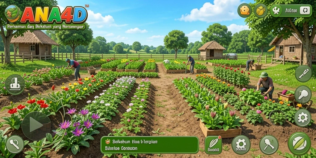 Tampilan gameplay NANA4D dengan kebun yang rimbun dan hewan ternak.