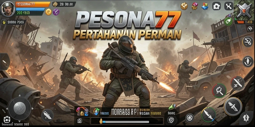 Screenshot utama dari PESONA77 menampilkan aksi menara pertahanan melawan gelombang musuh.