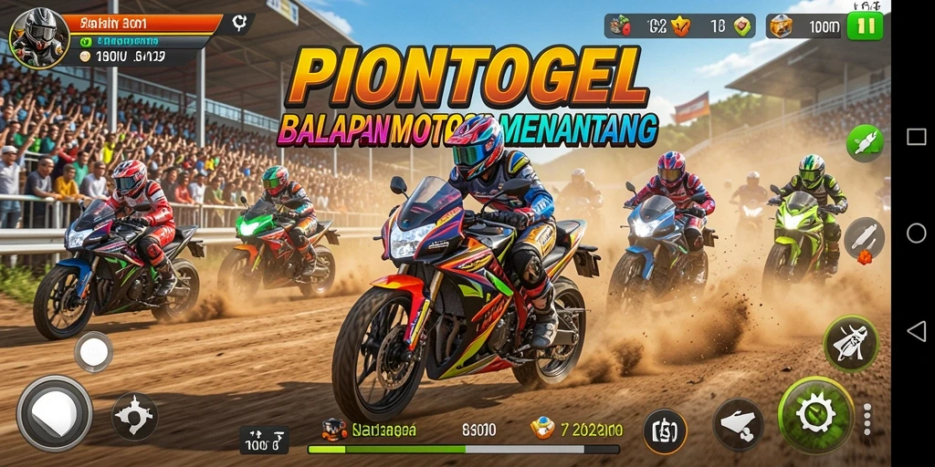 Tangkapan layar utama PIONTOGEL menampilkan aksi balapan motor yang intens.