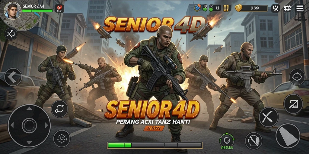 Screenshot utama SENIOR4D menunjukkan aksi pertempuran intens.