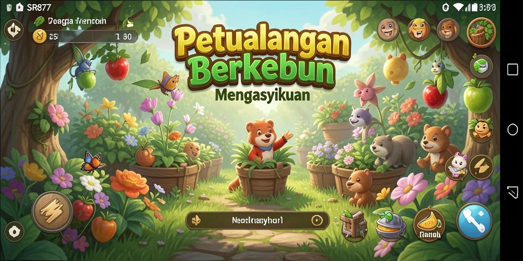 Screenshot utama SR877 menampilkan gameplay yang menyenangkan di ladang pertanian.