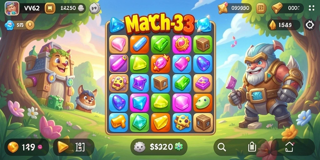 Tangkapan layar gameplay VV62 menampilkan keseruan permainan Match-3.