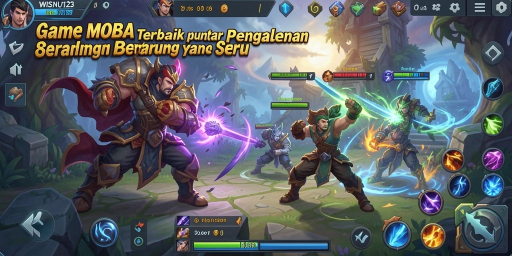 Tangkapan layar menunjukkan pertarungan intens di <strong>WISNU123</strong> dengan karakter-karakter unik.